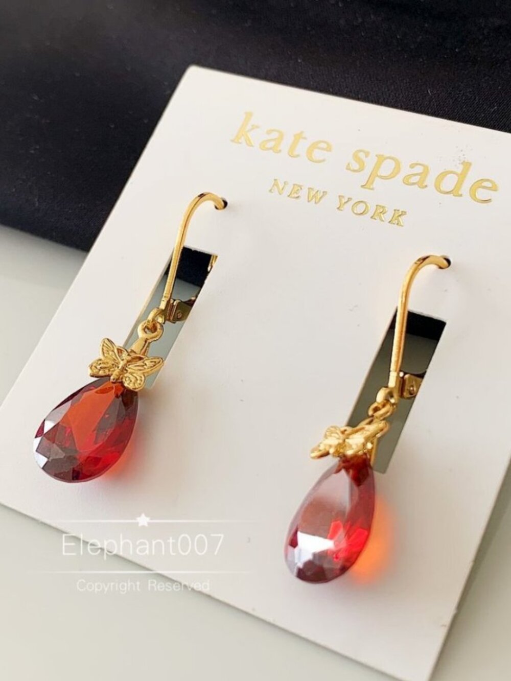 Kate Spade Red Crystal Butterfly Drop Earrings Gold Tone Leverback Statement Ear